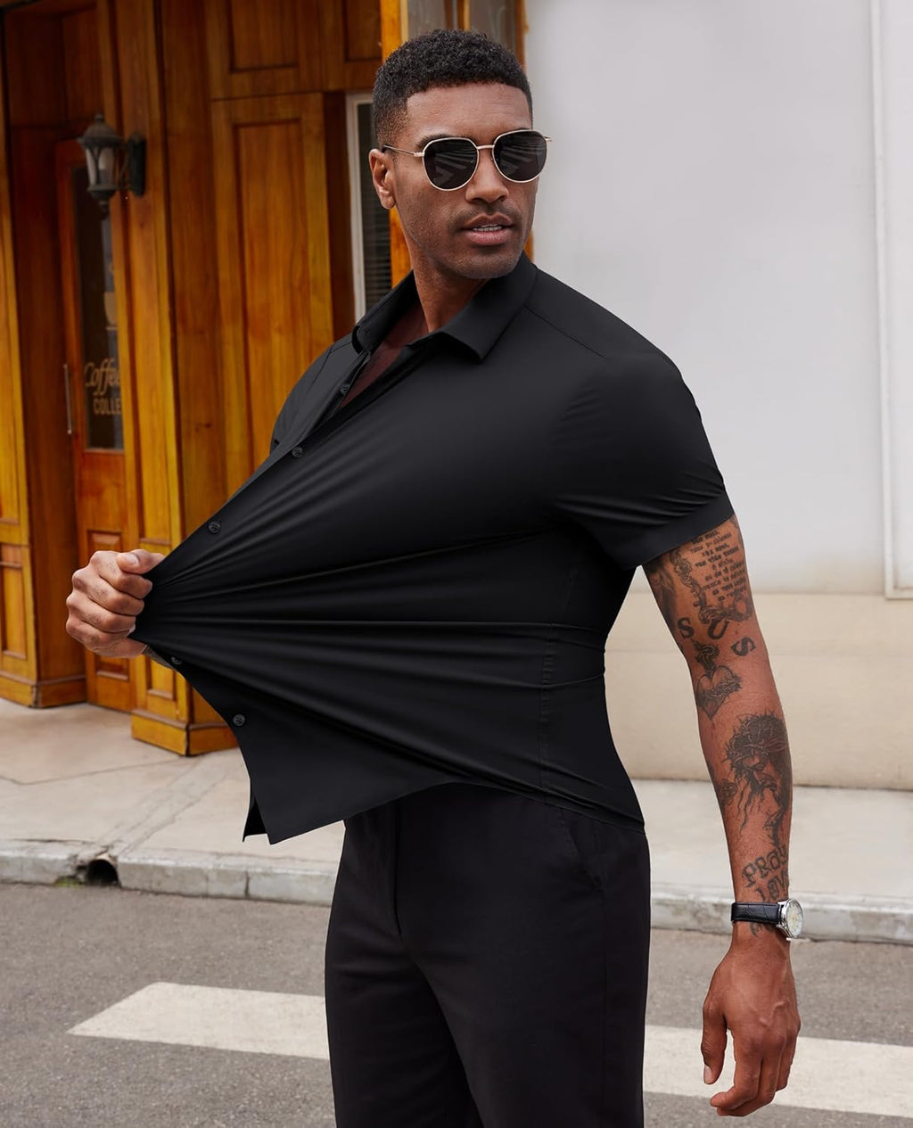 Stretch Dress Shirts for Men Short Sleeve Slim Fit Casual Button Down Shirts Muscle Fit Men's Dress Shirts