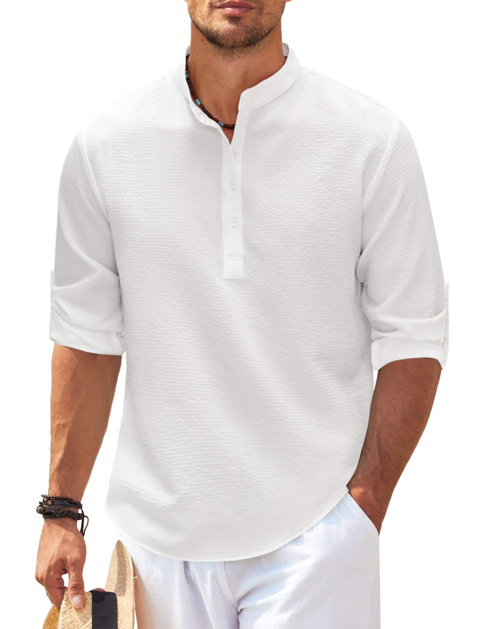 2023 Men's linen Henley shirt long-sleeved casual T shirt